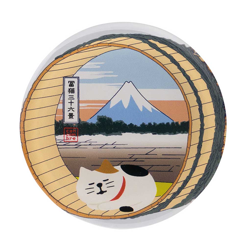 Concombre FUKUMONO Tabineko Ukiyo-e Acrylic Magnet, Wooden Tub and Mt. Fuji