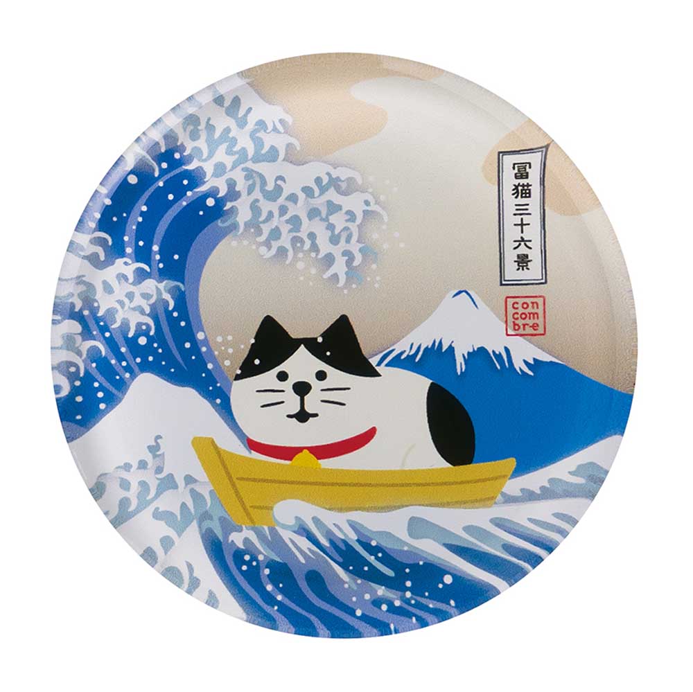 Concombre FUKUMONO Traveling Cat Ukiyo-e Magnet, Fuji and Rough Waves