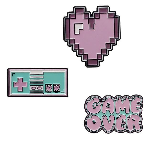 Pastel Gamer Fairy-Kei Enamel Pin Set (Controller / Pixel Heart / Game Over)