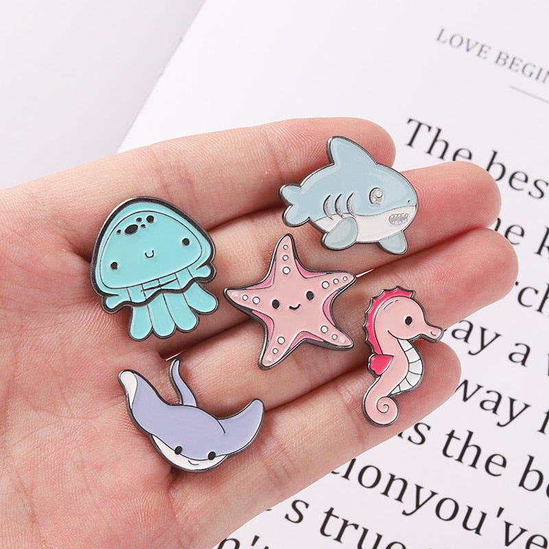 Tiny Sea Animal Kawaii Enamel Pin Set (Jellyfish / Shark / Seahorse / Starfish / Ray)
