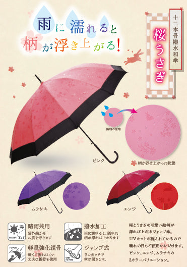 Janome-Style 12-Rib Umbrella, Cherry Blossom Rabbit, Deep Red — product image 5