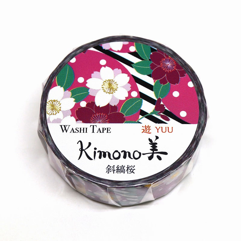 Kimono-bi Washi Tape, Diagonal Stripes and Cherry Blossoms 15 mm