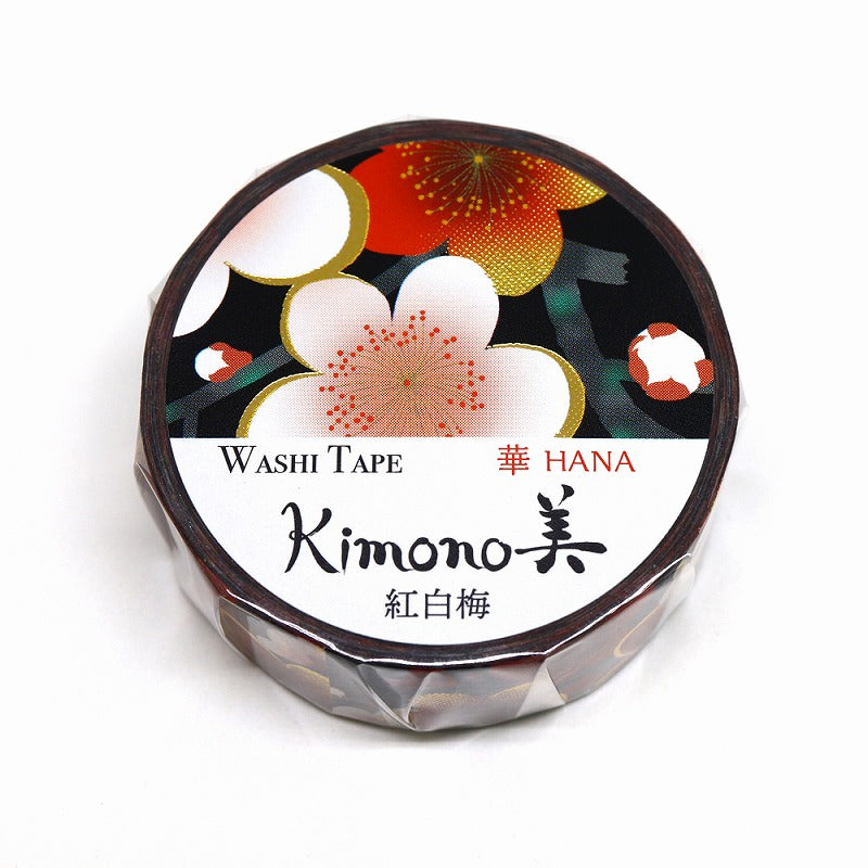 Kimono-bi Washi Tape, Red and White Plum Blossoms 15 mm