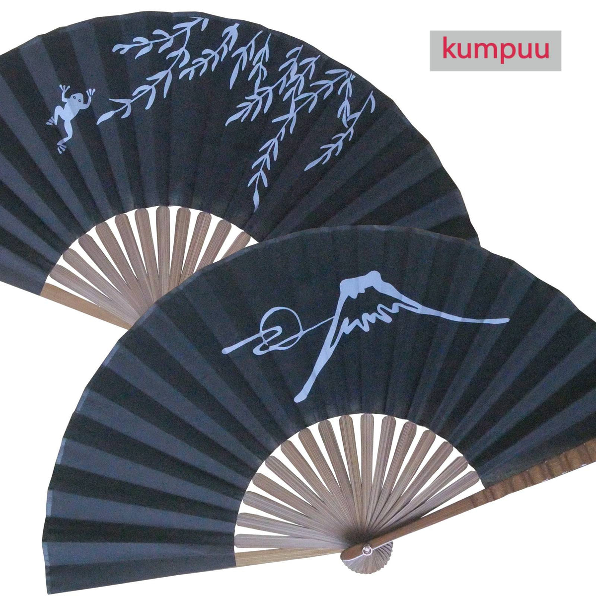 kumpuu Monochrome Print Folding Fan, Owl / Wave Rabbit — product image 2