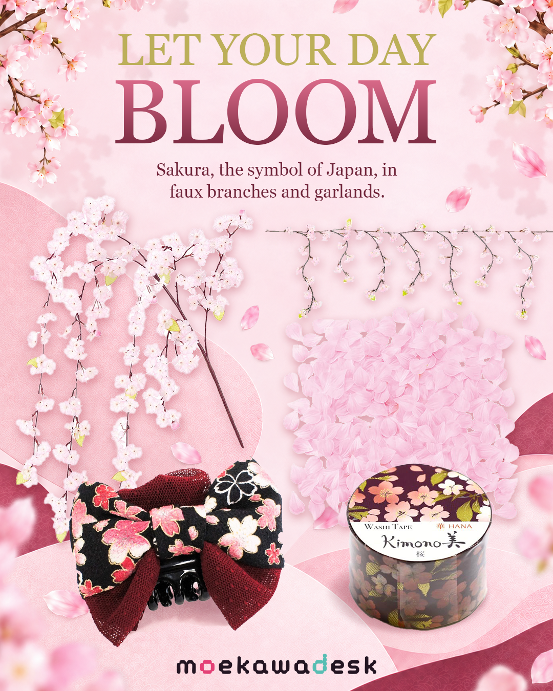 Let your day bloom. Sakura, the symbol of Japan, in faux branches and garlands.