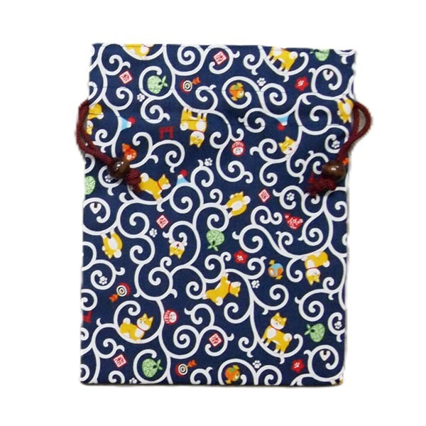 Shiba Inu Drawstring Pouch with Wooden Beads, Navy
