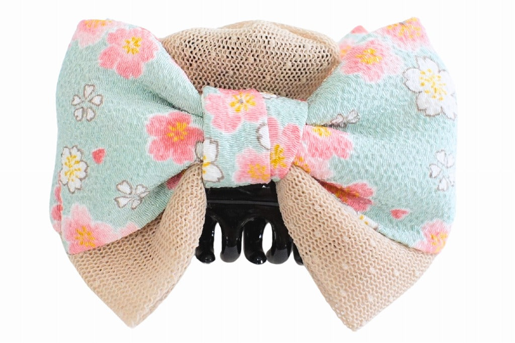 Tulle Double Ribbon Clip, Temari and Cherry Blossom, Green