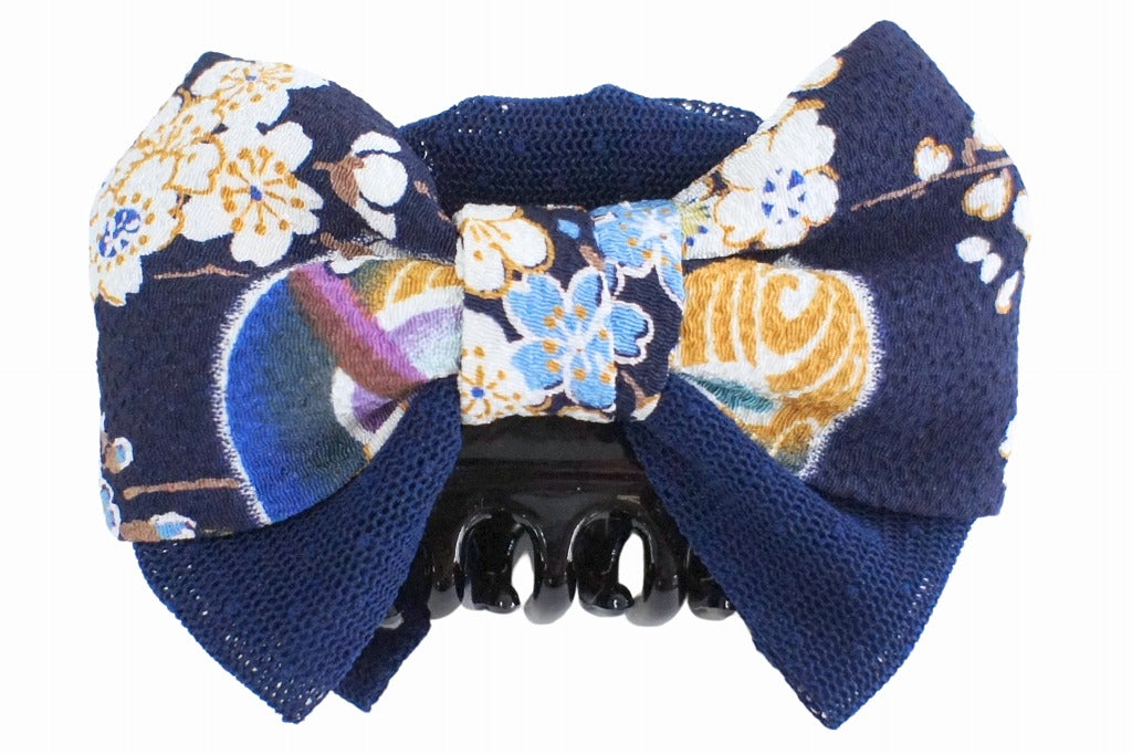 Wa-KOMONO Komon Kobo Tulle Double Ribbon Clip, Cherry Clusters, Navy